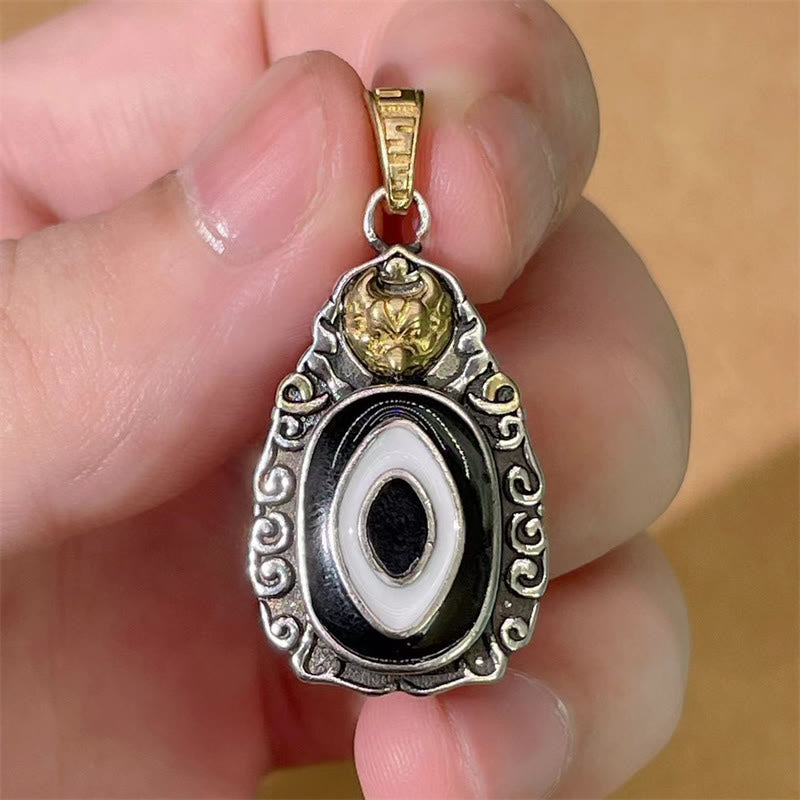 Karma Stone Tibet Dzi Bead Garuda Pattern Copper Metal Wealth Necklace Pendant