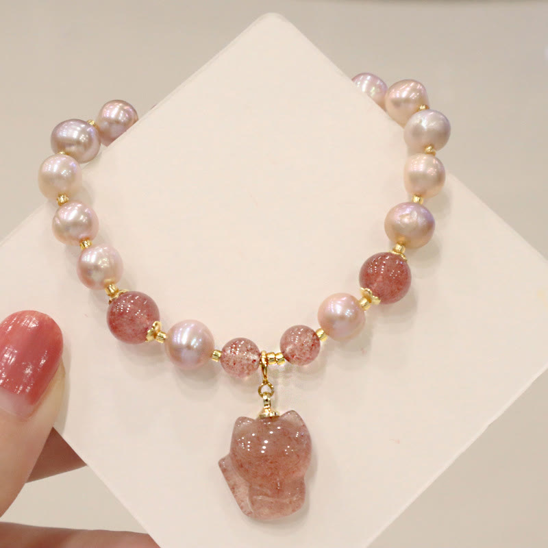 Karma Stone Natural Pearl Strawberry Quartz Cute Fox Love Healing Charm Bracelet
