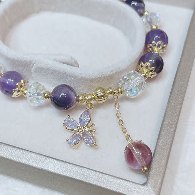 Karma Stone Natural Amethyst Crystal Spiritual Butterfly Charm Bracelet