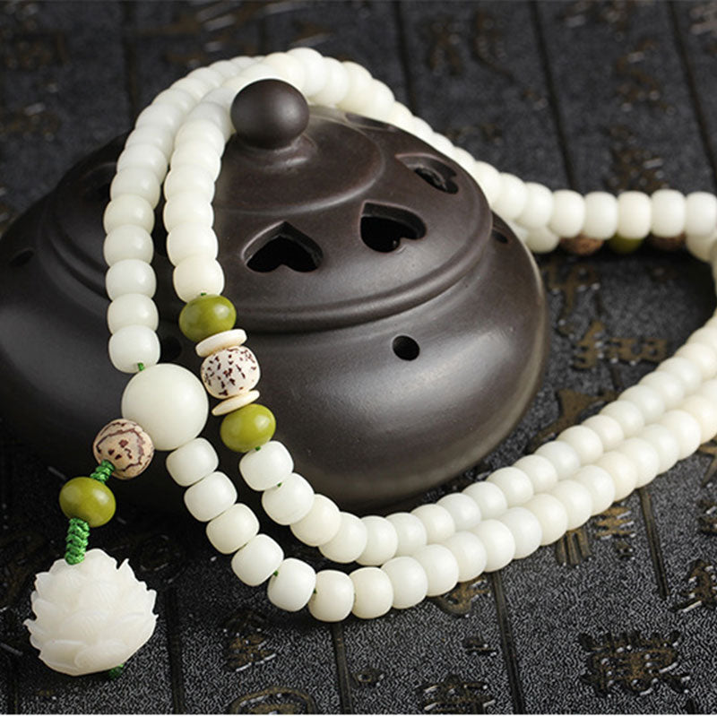 Karma Stone White Jade Bodhi Lotus Mala Harmony Necklace Bracelet