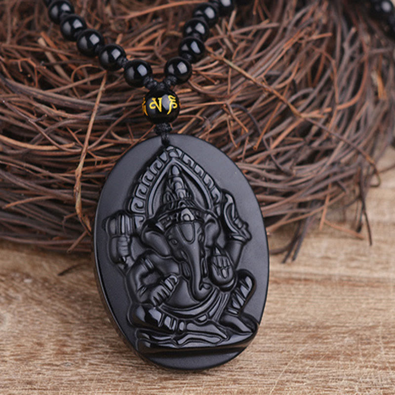 Karma Stone Tibetan Obsidian Ganesh Ganpati Elephant Wealth Amulet Necklace