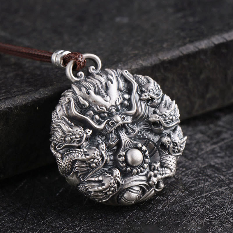 Karma Stone 999 Sterling Silver Nine Dragons Playing With A Pearl Luck Protection Necklace Pendant
