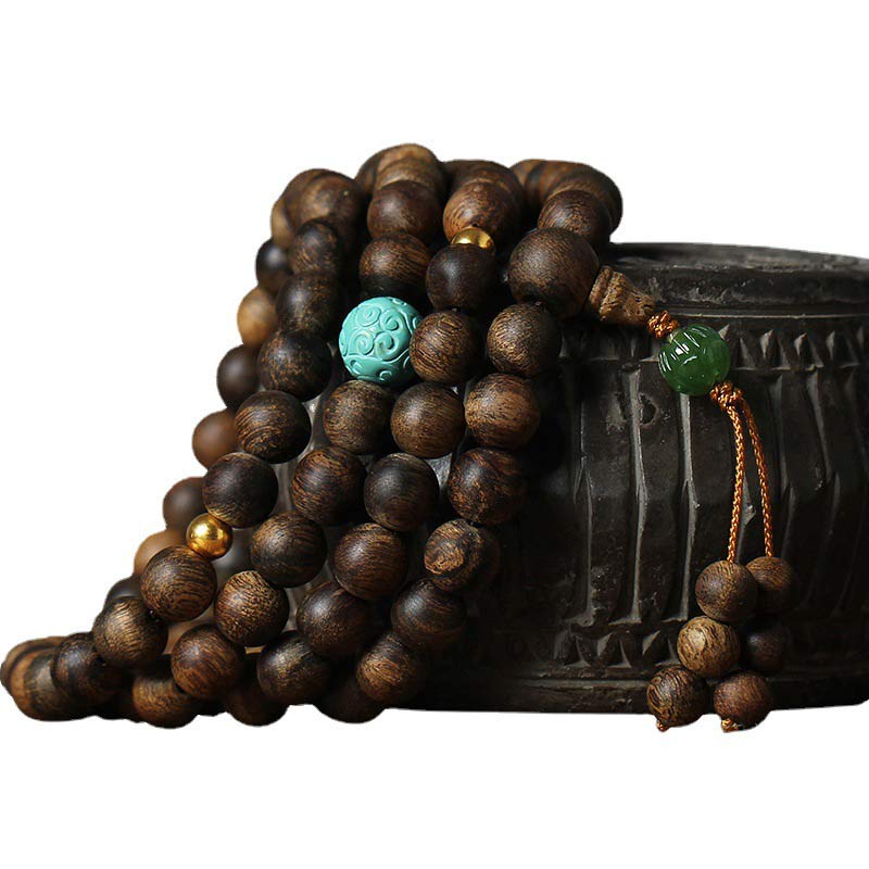 Karma Stone 108-Bead Wooden  Rosary Bracelet Nha Trang Agarwood Turquoise Prayer Bracelet