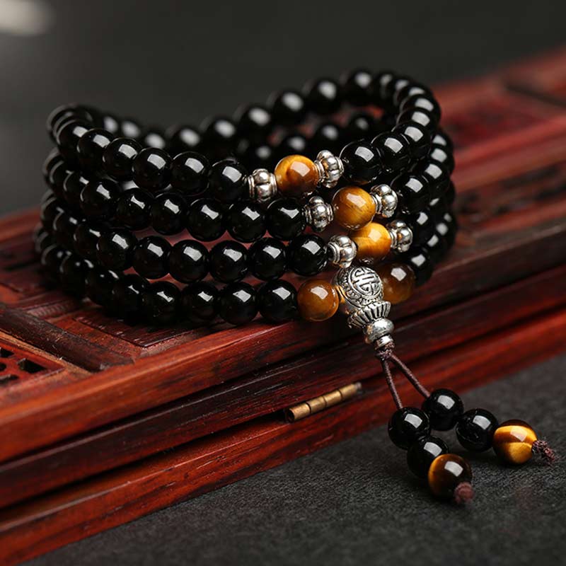 Karma Stone Black Obsidian Tiger Eye Blessing Mala Bracelet