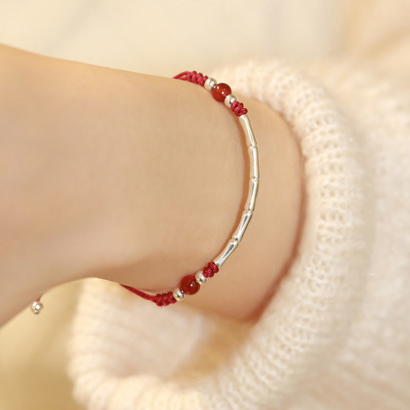 Karma Stone 925 Sterling Silver Bamboo White Agate Red Agate Bead Protection String Braided Bracelet