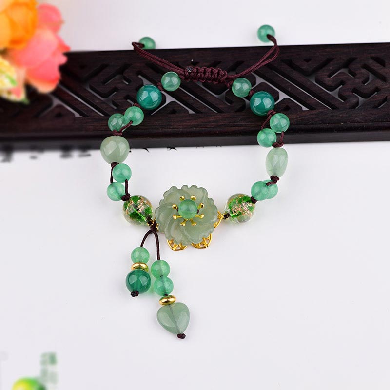 Karma Stone Natural Green Jade Luck Dangling Flower Bracelet