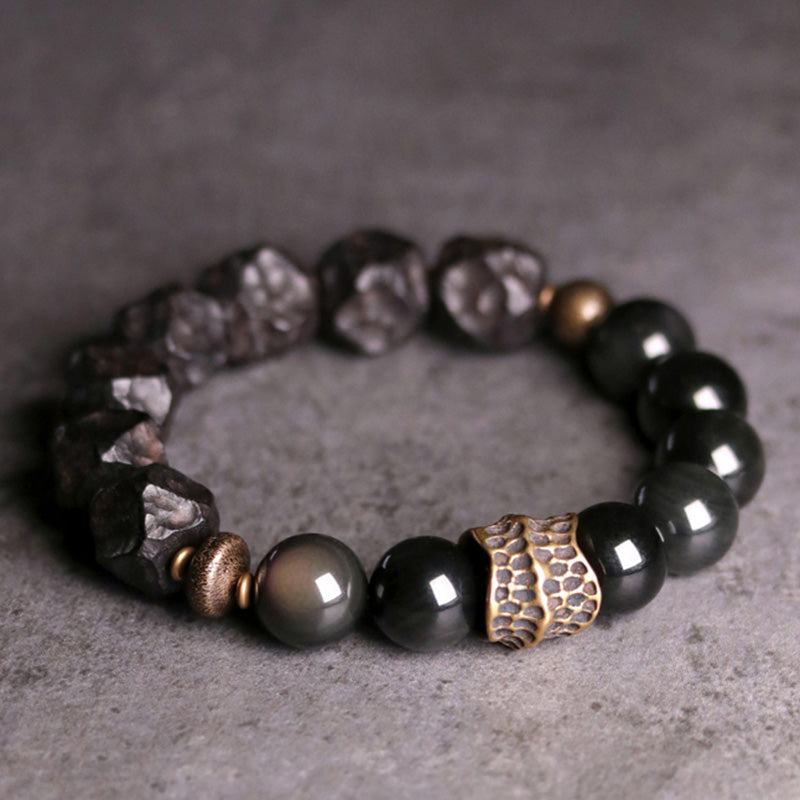 Karma Stone Black Obsidian Ebony Wood Copper Strength Couple Bracelet