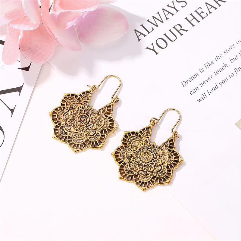 Karma Stone Tibetan Lotus Engraving Copper Blessing Drop Earrings