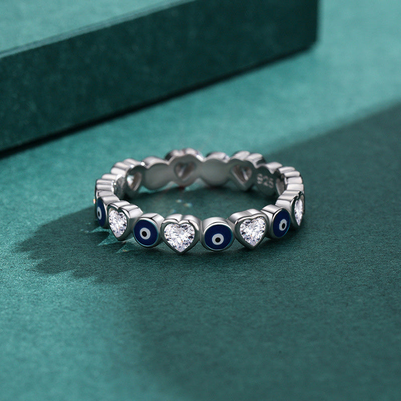 Karma Stone 925 Sterling Silver Evil Eye Love Heart Zircon Blessing Ring