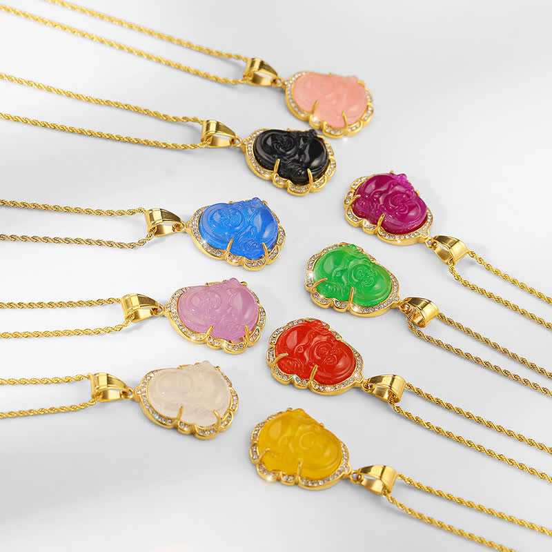 Karma Stone 18K Gold Filled Laughing Buddha Jade Luck Necklace Chain Pendant