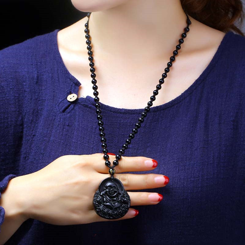 Karma Stone Laughing Buddha Black Obsidian Strength Protection Pendant Necklace