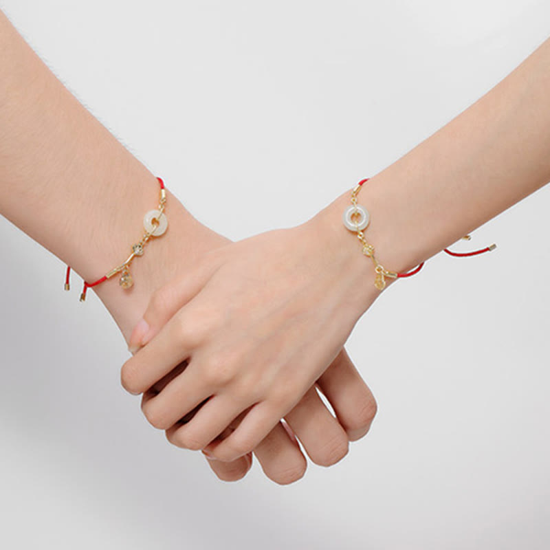 Karma Stone 18K Gold Plated Hetian Jade Peace Buckle Fu Character Luck Red Rope Bracelet