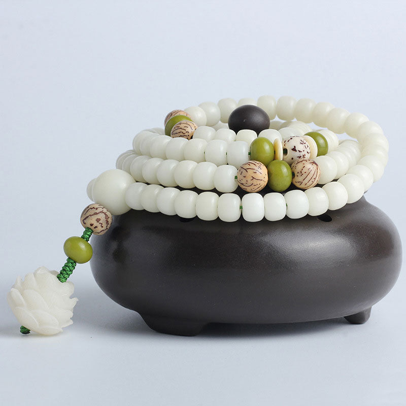 Karma Stone White Jade Bodhi Lotus Mala Harmony Necklace Bracelet