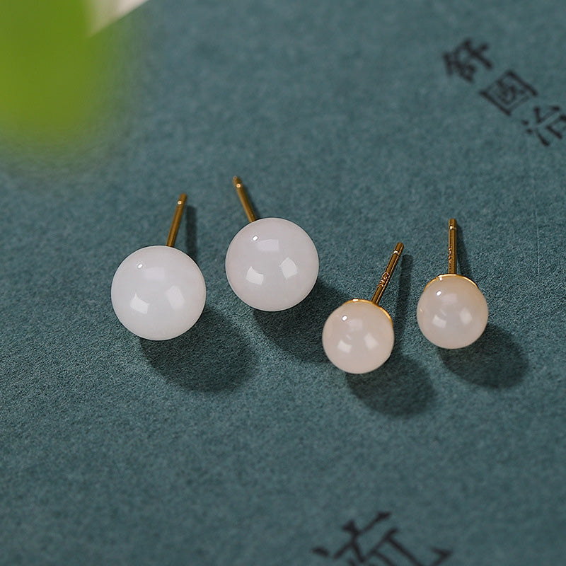 Karma Stone 925 Sterling Silver Round White Jade Blessing Stud Earrings