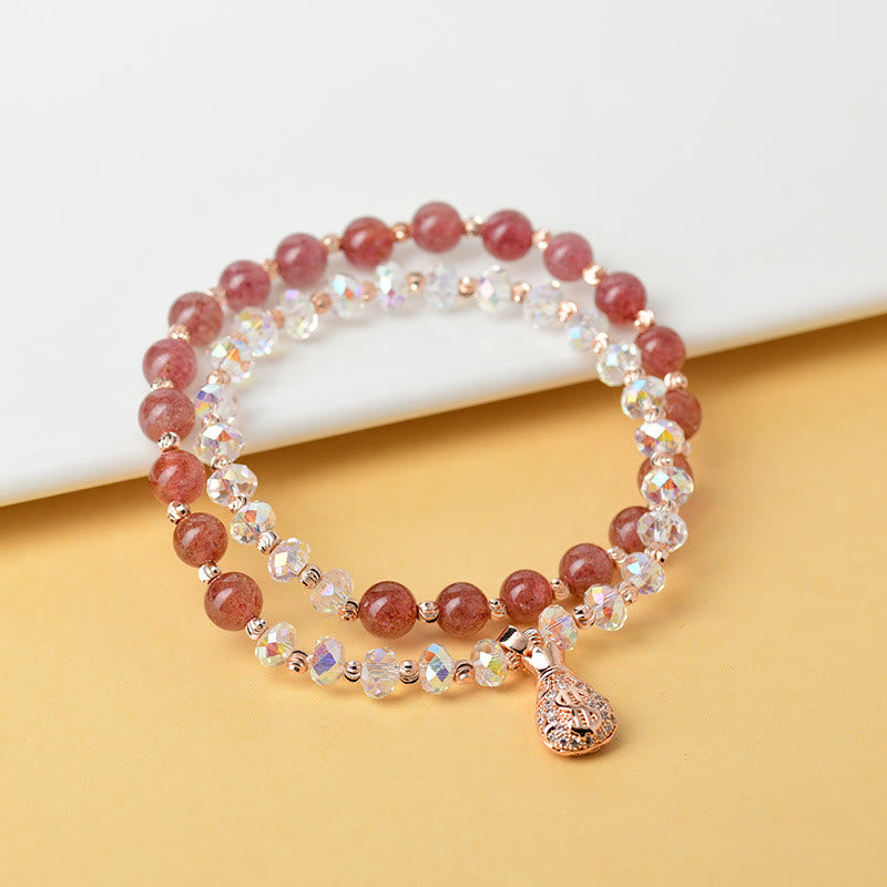 Karma Stone Strawberry Quartz White Crystal Money Bag Charm Positive Bracelet