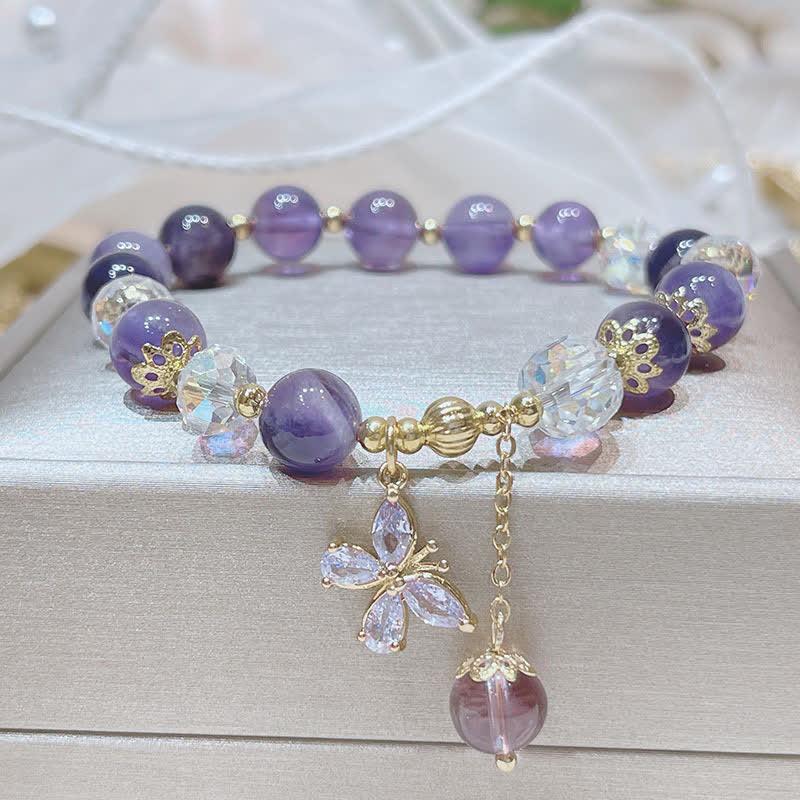 Karma Stone Natural Amethyst Crystal Spiritual Butterfly Charm Bracelet