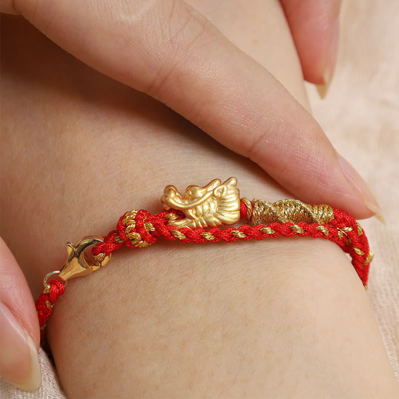 Karma Stone 999 Sterling Silver Handcrafted Dragon Luck Eight Thread Knot Red String Braided Bracelet