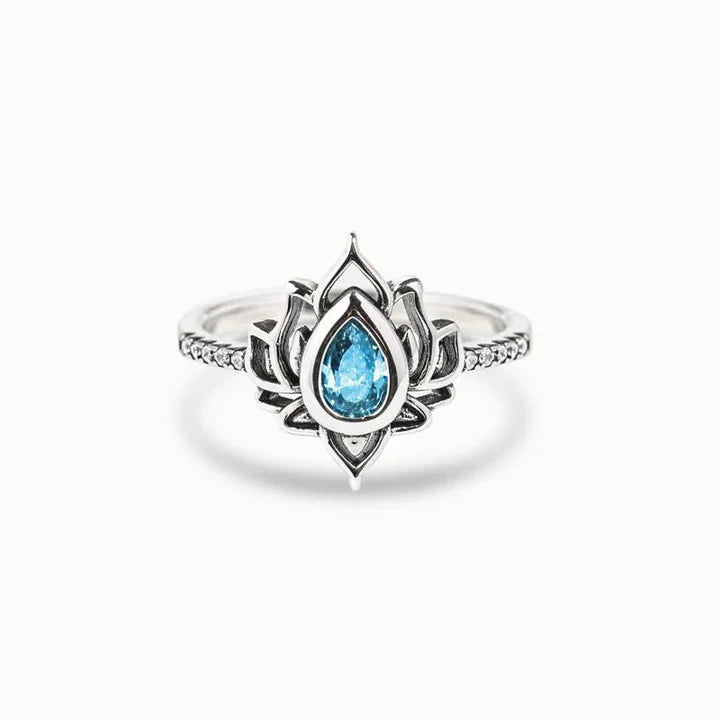 Karma Stone Sterling Silver Lotus Zircon Blessing Protection Ring