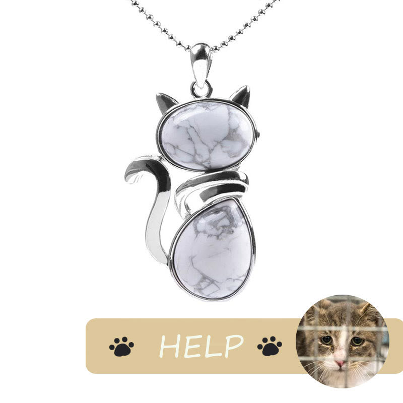 Karma Stone "Save A Cat" Cute Cat Pattern Natural Crystal Protection Cat-Loving Pendant Necklace