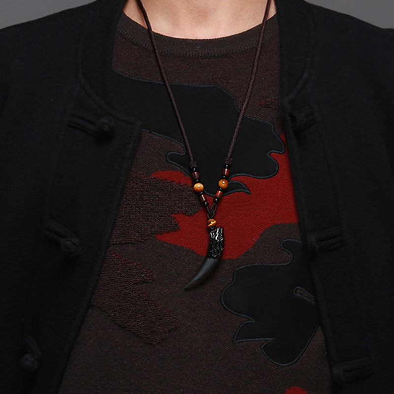 Karma Stone Natural Ice Obsidian Wolf Tooth Pattern Courage Necklace Pendant