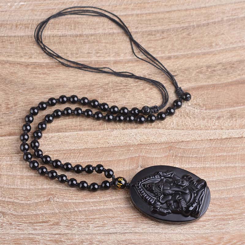 Karma Stone Tibetan Obsidian Ganesh Ganpati Elephant Wealth Amulet Necklace