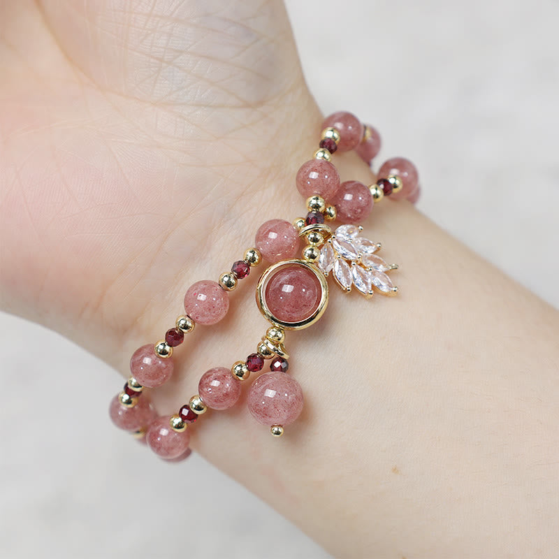 Karma Stone Natural Strawberry Quartz Love Healing Maple Leaf Charm Double Wrap Bracelet