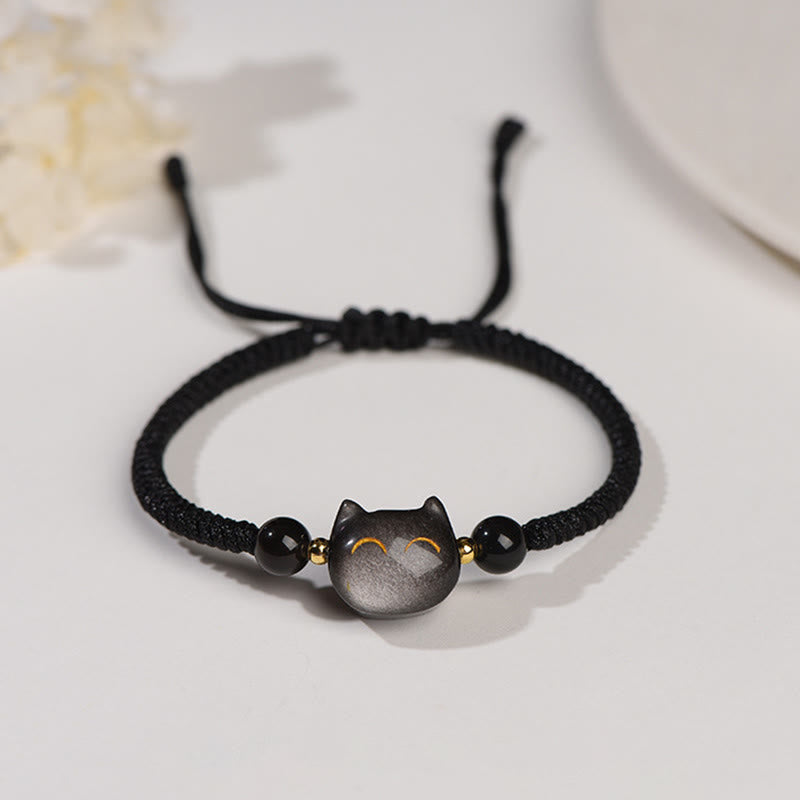 Karma Stone Handmade Natural Silver Sheen Obsidian Strawberry Quartz Cute Cat Protection Braided Bracelet