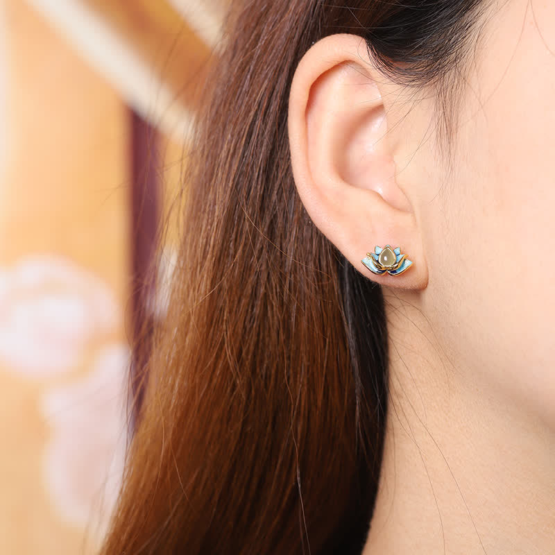 Karma Stone 925 Sterling Silver Hetian Cyan Jade Lotus Flower Success Earrings