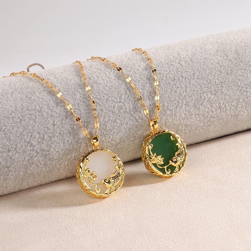 Karma Stone Natural Jade Koi Fish Lotus Luck Necklace Pendant