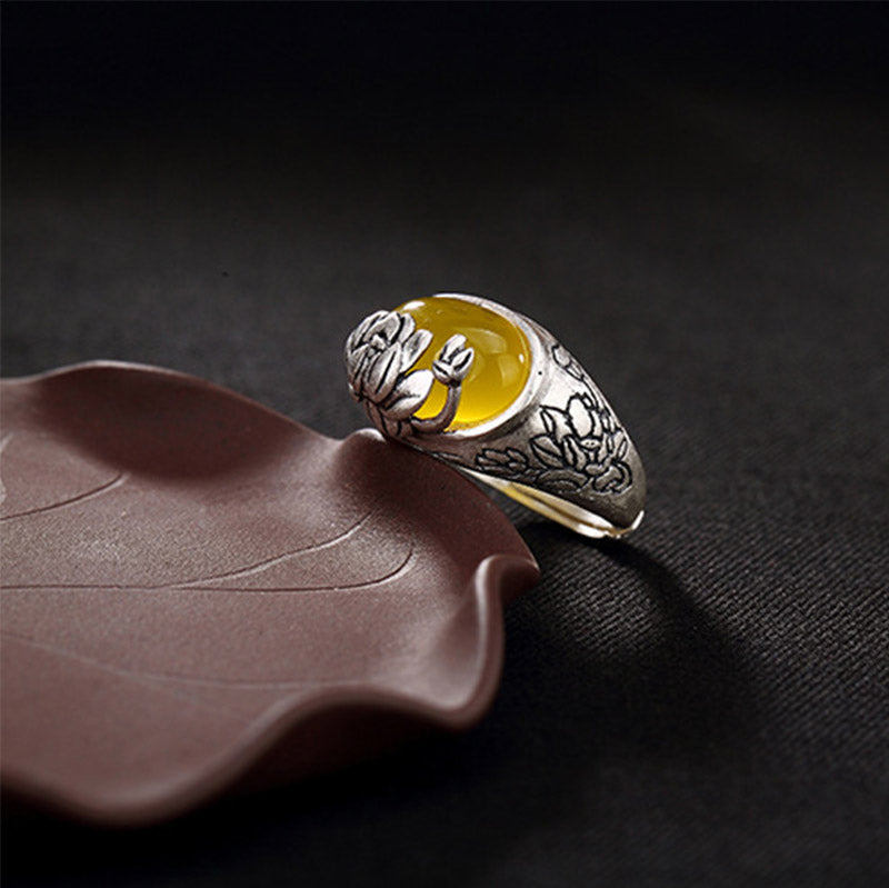 Karma Stone Citrine Lotus Blessing Protection Adjustable Ring