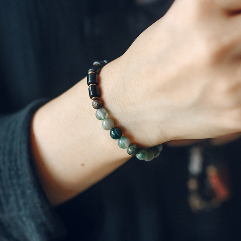 Karma Stone Ebony Wood Red Jasper Moss Agate Crystal Copper Peace Couple Bracelet