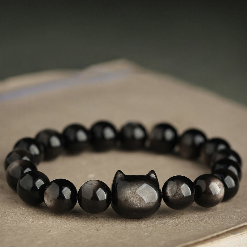 Karma Stone Gold Sheen Obsidian Silver Sheen Obsidian Lovely Paw Lucky Cat Protection Bracelet