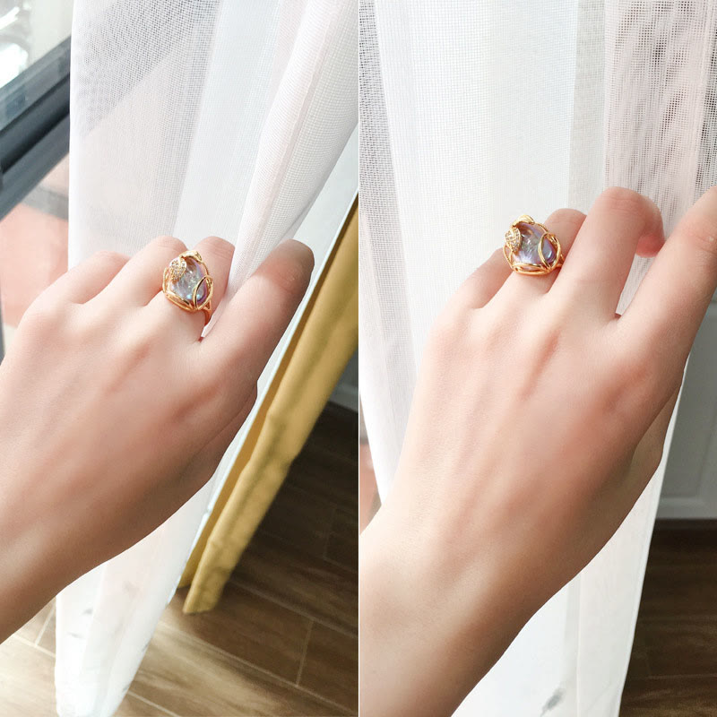 Karma Stone Pearl Copper Plated Gold Flower Happiness Wealth Ring