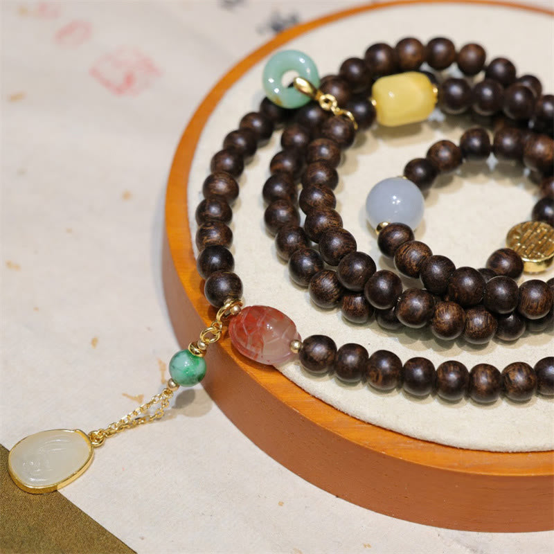 Karma Stone 108-Bead Wooden  Rosary Bracelet Brunei Agarwood, Amber, Red Agate, Peace Knot, Jade Peace Bracelet