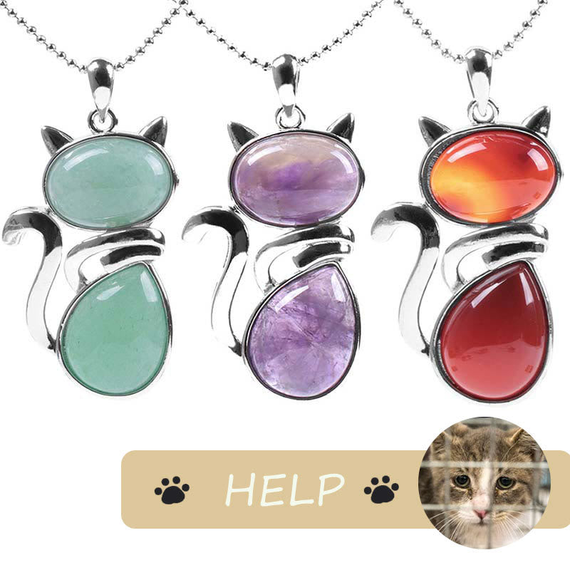 Karma Stone "Save A Cat" Cute Cat Pattern Natural Crystal Protection Cat-Loving Pendant Necklace