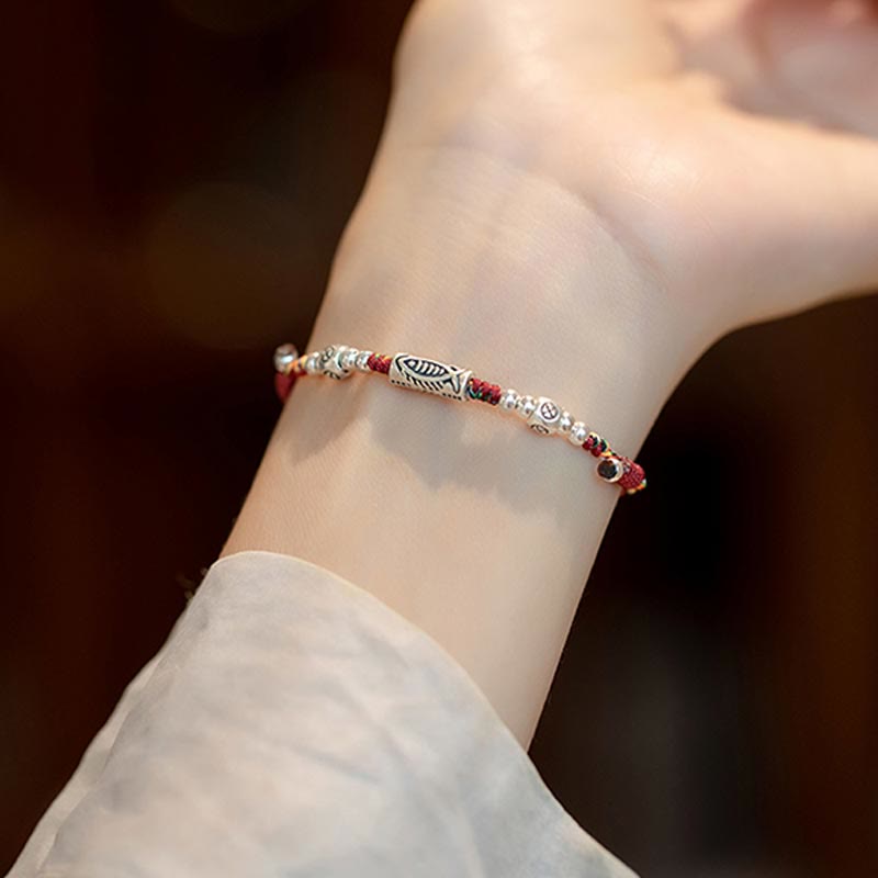 Karma Stone 925 Sterling Silver Luck Koi Fish Braided Colorful String Bracelet Anklet