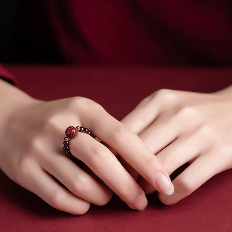 Karma Stone Garnet Cinnabar Lucky Bead PiXiu Om Mani Padme Hum Rose Protection Ring