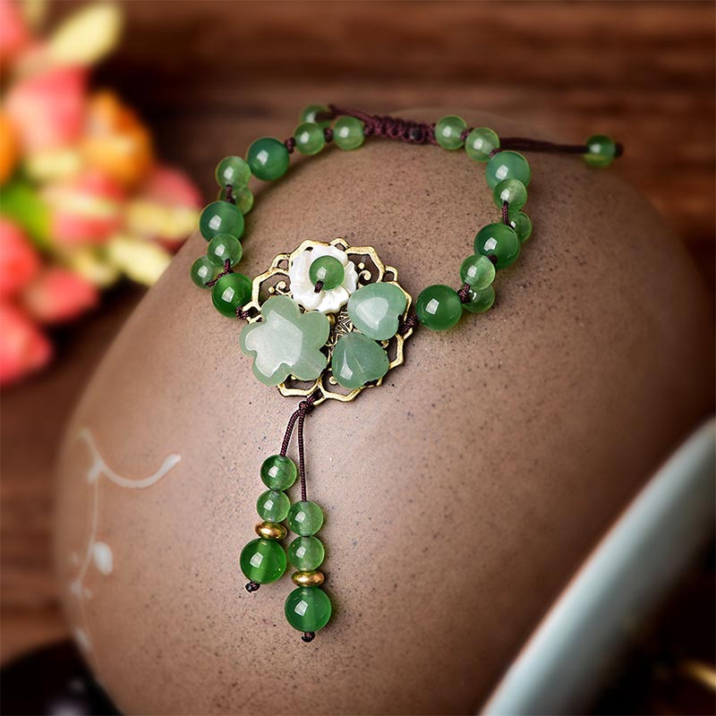 Karma Stone Natural Green Jade Luck Dangling Flower Bracelet