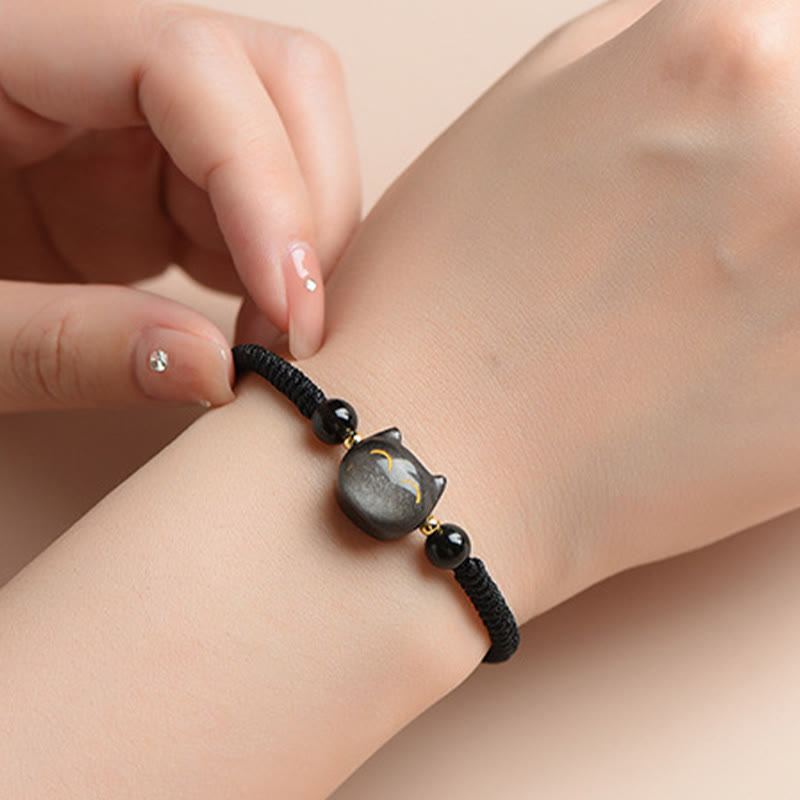 Karma Stone Handmade Natural Silver Sheen Obsidian Strawberry Quartz Cute Cat Protection Braided Bracelet