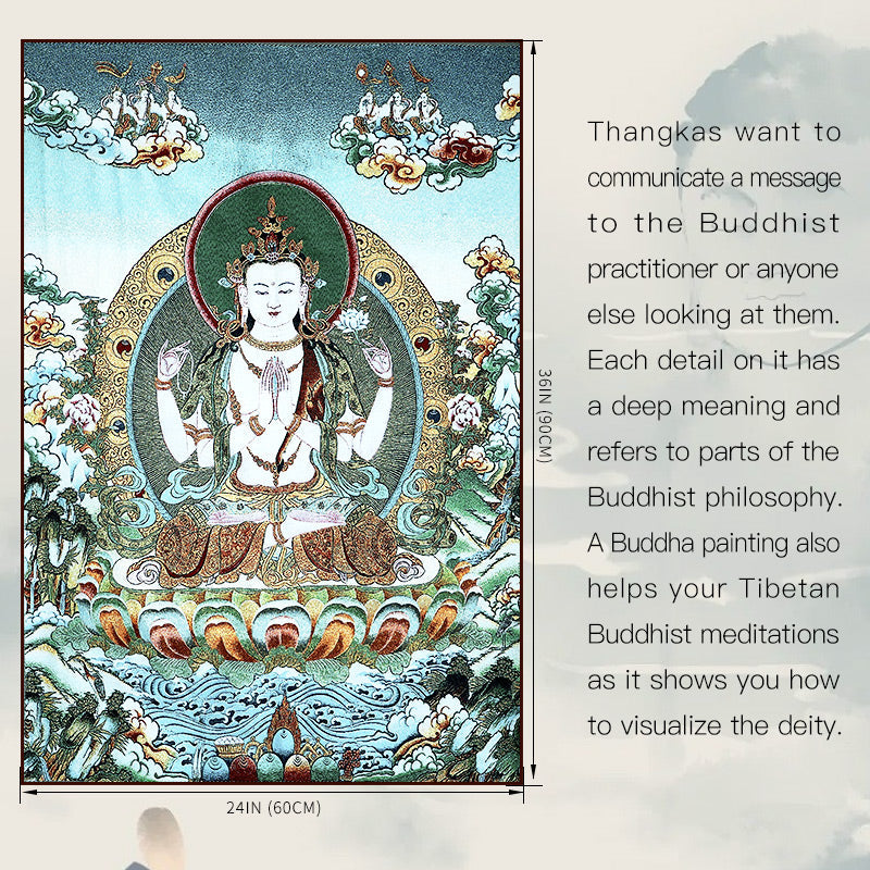 Karma Stone Tibetan Embroidery White Tara Thangka Tapestry Wall Hanging Wall Art Meditation for Home Decor