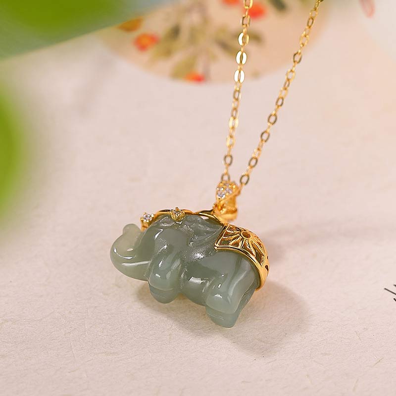 Karma Stone 925 Sterling Silver Jade Elephant Blessing Fortune Necklace Chain Pendant