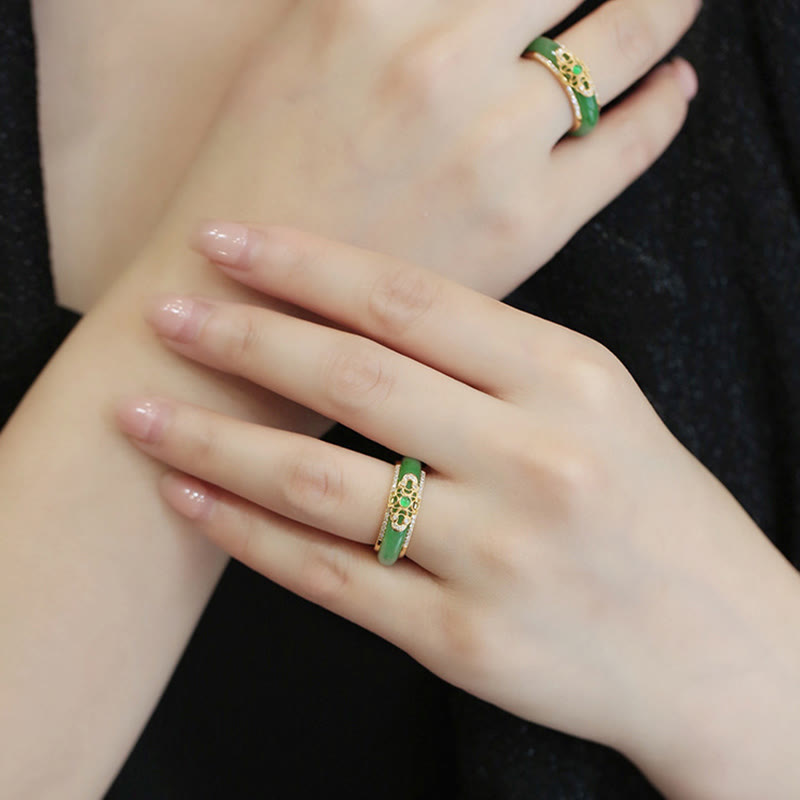 Karma Stone 18K Gold Plated Natural Green Chalcedony Strength Ring