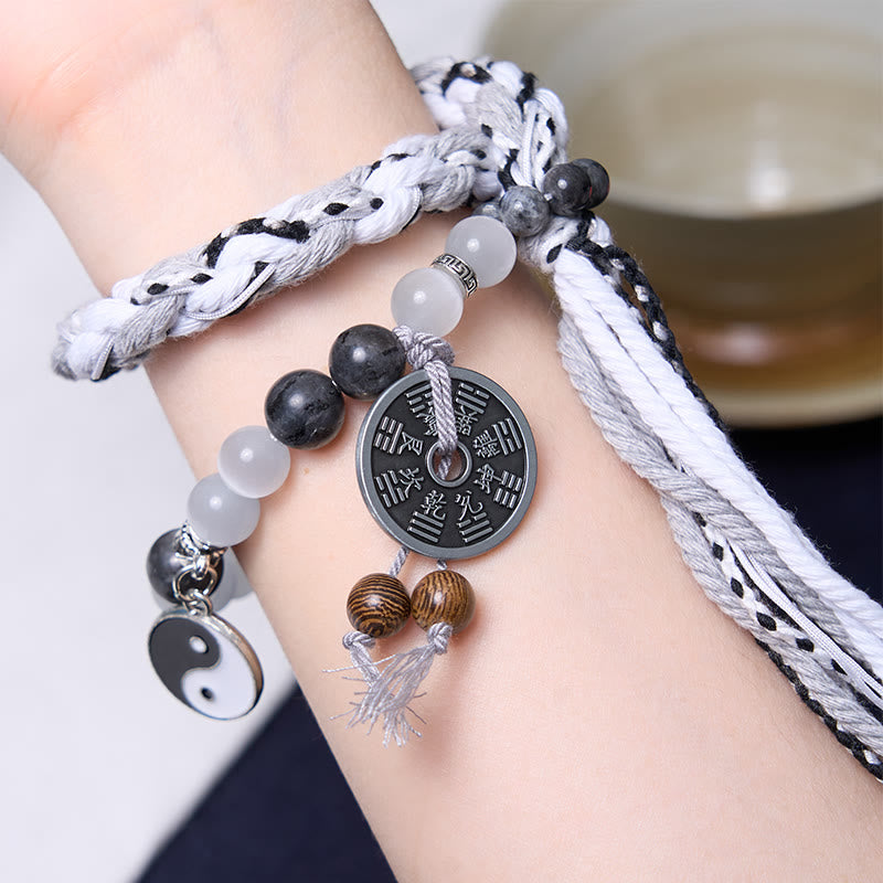 Karma Stone Black Glitter Stone Cat's Eye Yin Yang Mountain Ghost God of Wealth Energy Double Rope Protection Bracelets