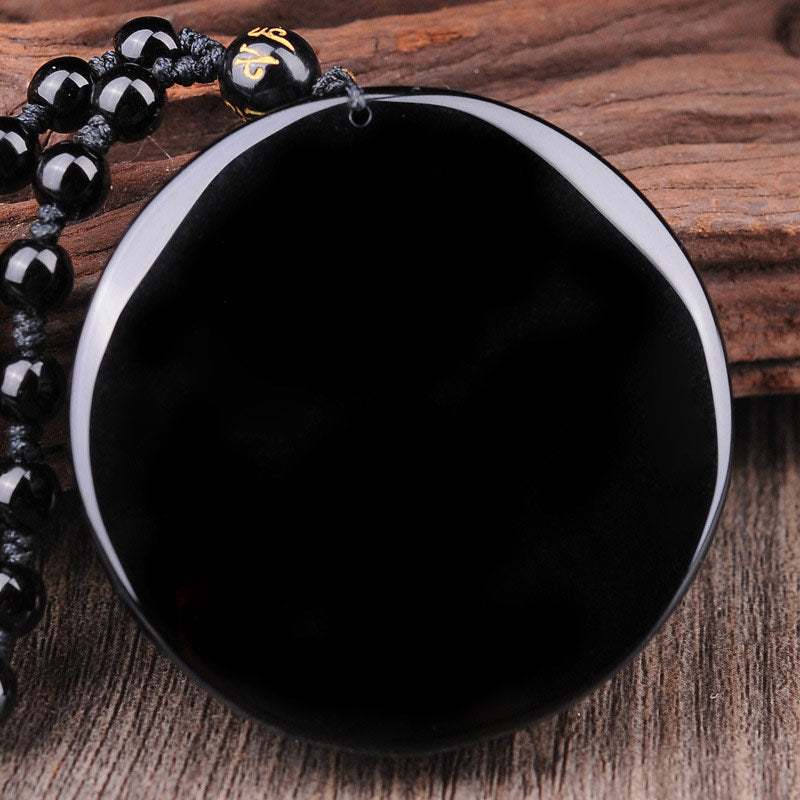 Karma Stone Bagua Dragon Phoenix Obsidian Fulfilment Pendant Necklace