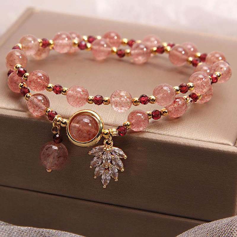 Karma Stone Natural Strawberry Quartz Love Healing Maple Leaf Charm Double Wrap Bracelet