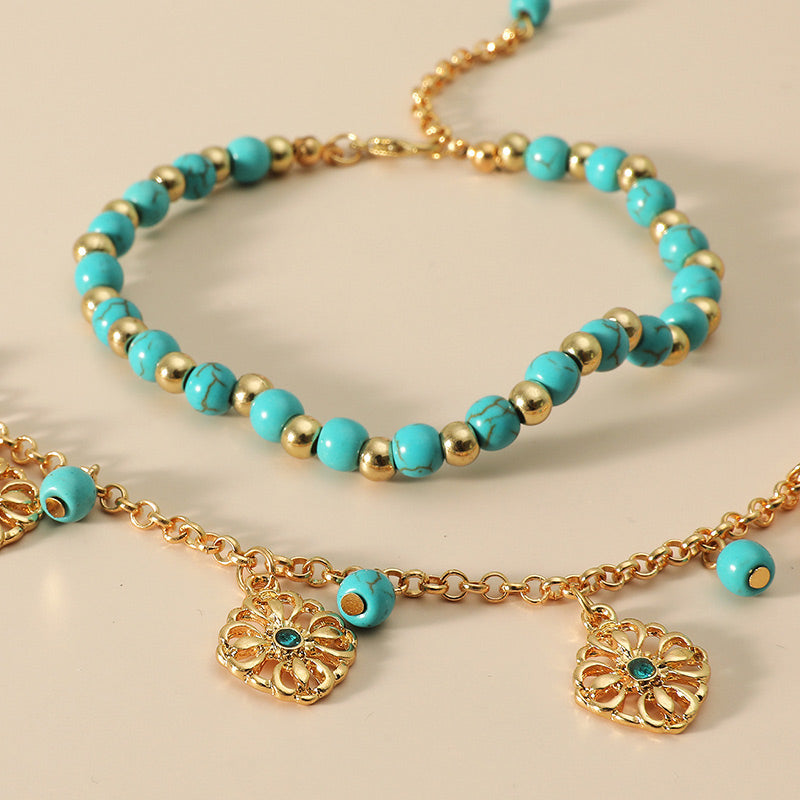 Karma Stone 2Pcs Turquoise Stone Flower Protection Bracelet Anklet