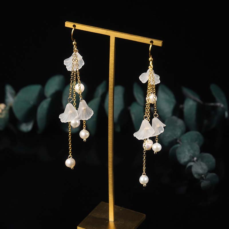 Karma Stone Pearl Flower Petals Luck Drop Earrings