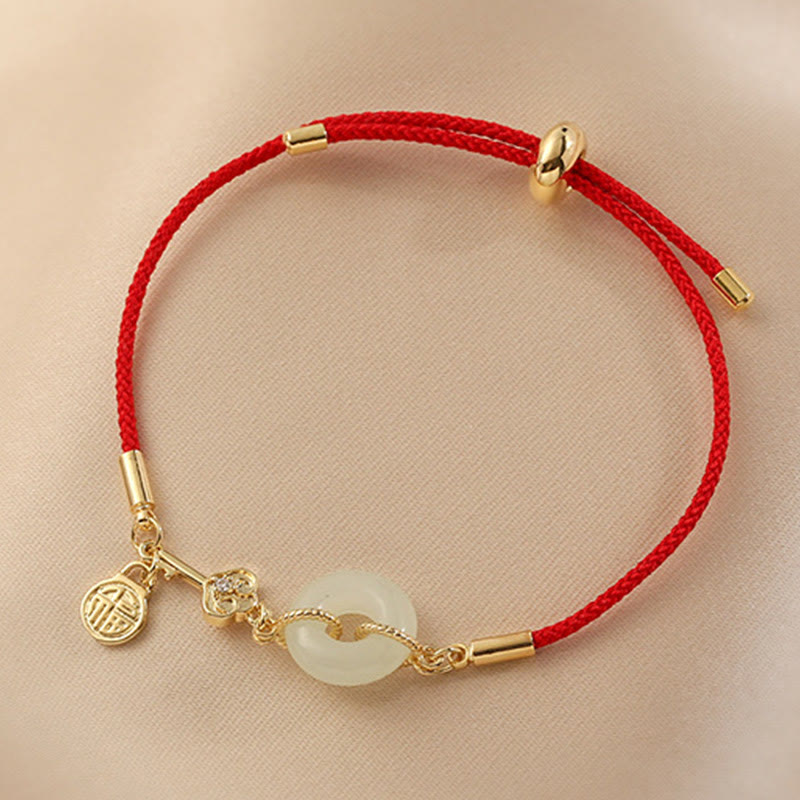 Karma Stone 18K Gold Plated Hetian Jade Peace Buckle Fu Character Luck Red Rope Bracelet