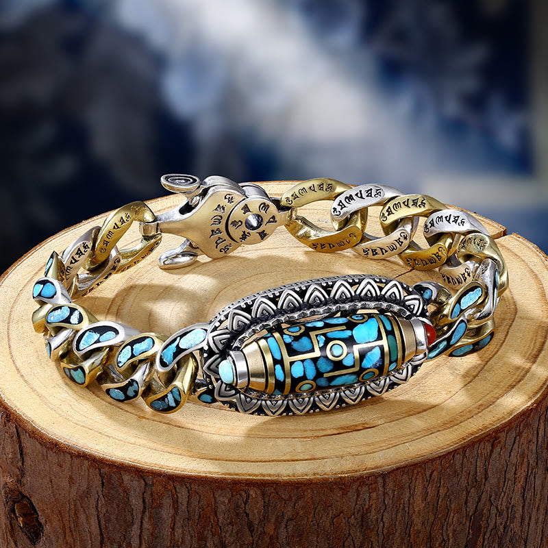 Karma Stone Tibetan Nine-Eye Dzi Bead Om Mani Padme Hum Turquoise Protection Rotatable Bracelet