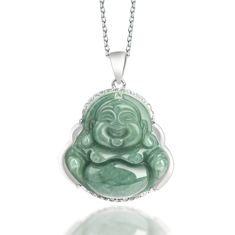 Karma Stone 925 Sterling Silver Laughing Buddha Jade Abundance Necklace Chain Pendant